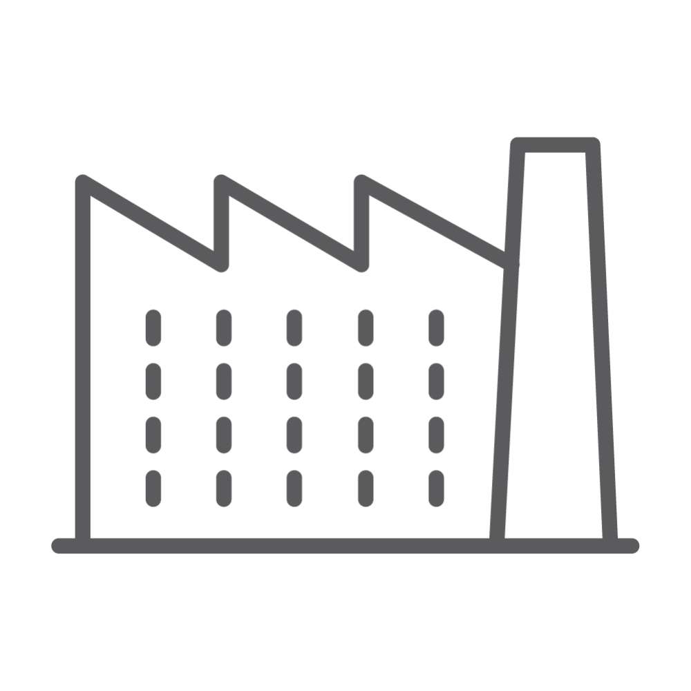 Icon of an industrial building with a factory roof and chimney, representing industry or manufacturing.